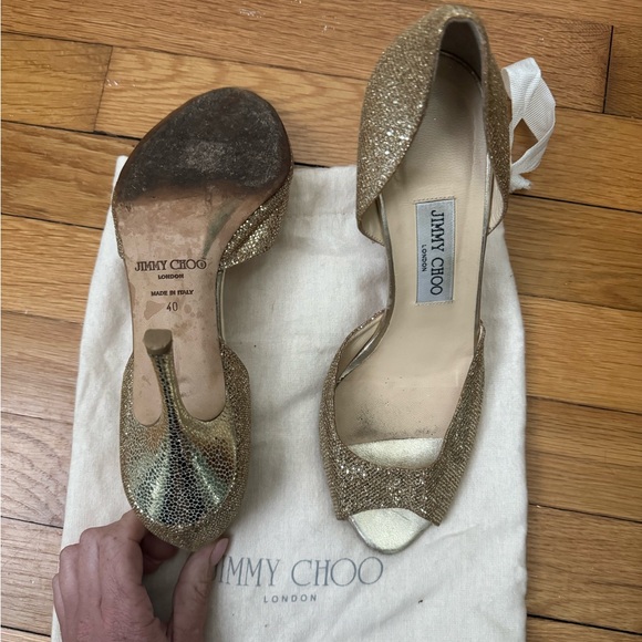 Jimmy Choo Gold Sparkle Heels - Picture 3 of 6